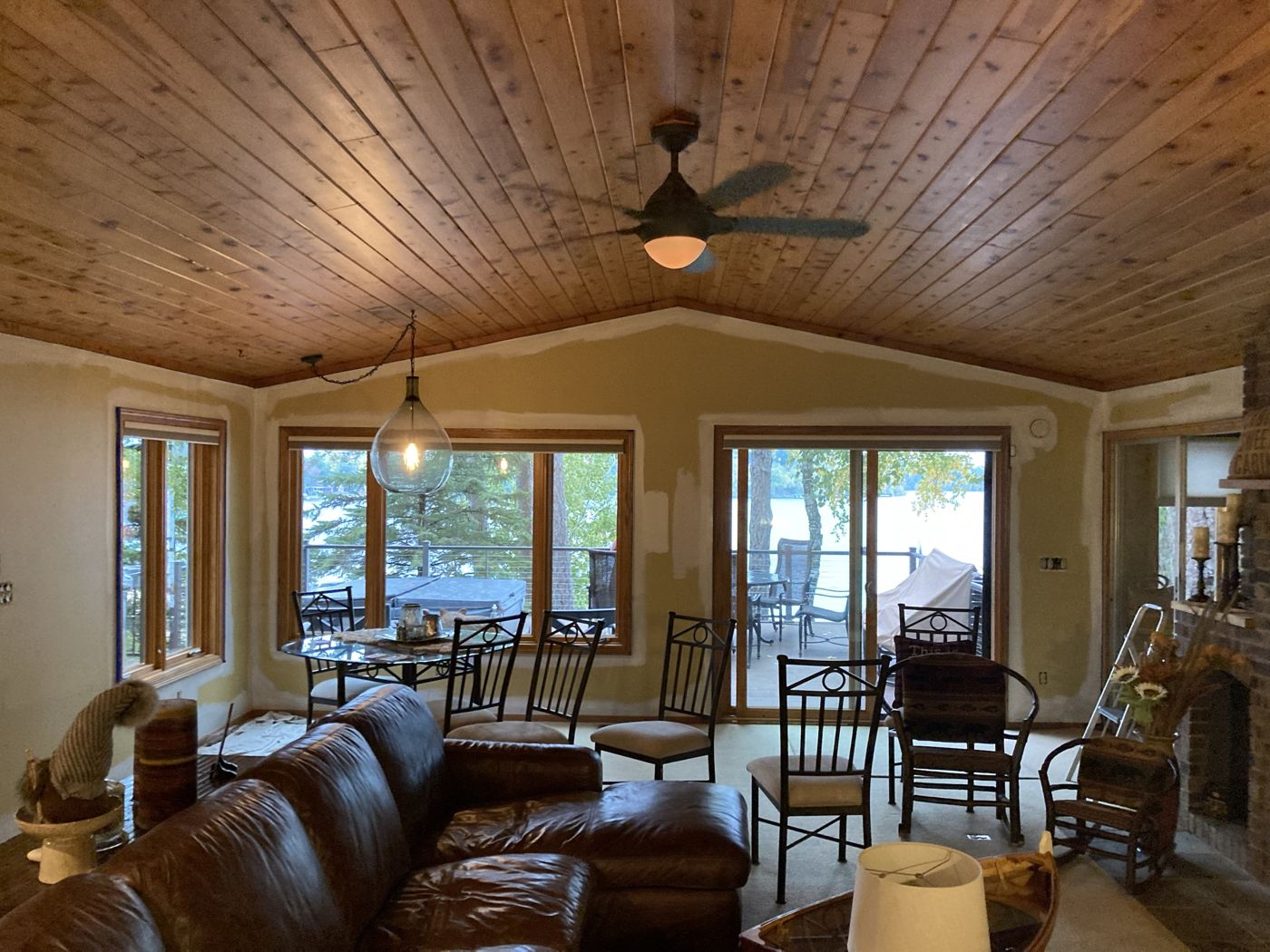 Lake-view room with patches spot-primed around the windows